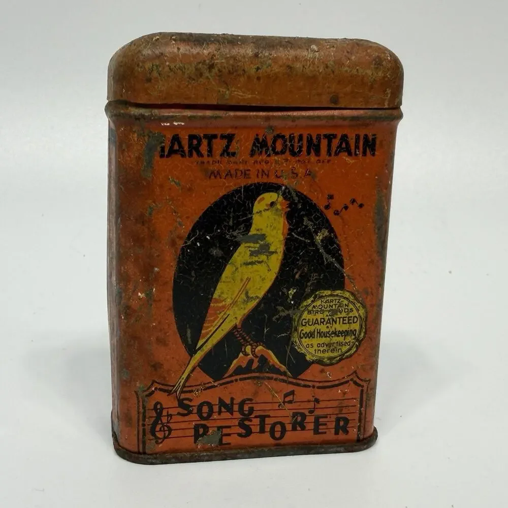 Vintage Hartz Mountain Song Restorer Bird Food Tin Orange Canary Seed USA